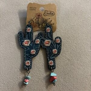 Justin Boots Genuine Leather Cactus Earrings Turquoise Embroidered Western NWT